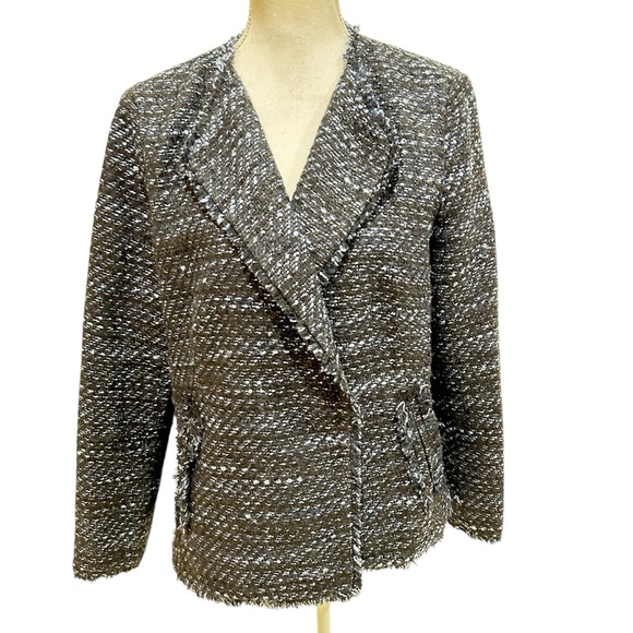 Talbots black blue Blazer Classic Tweed Boucle lined blazer fringe hems size 12 - Picture 1 of 10